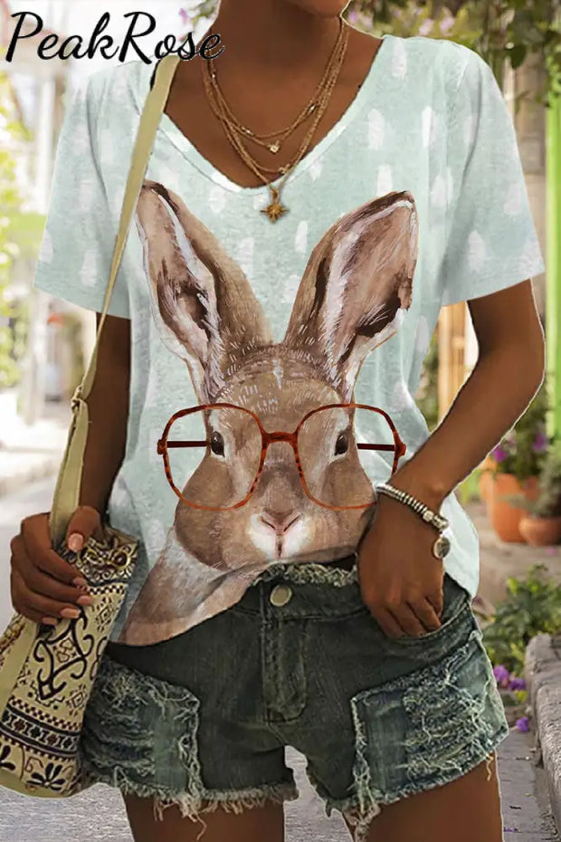 Casual Easter Bunny Rabbit With Red Glasses Print V Neck Short Sleeve T-Shirt