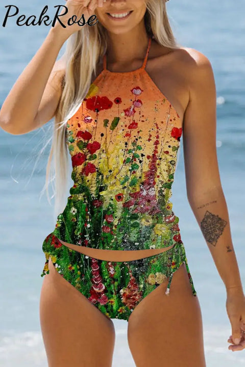 Casual Flower Bouquet Abstract Paintings Bikini Swimsuit