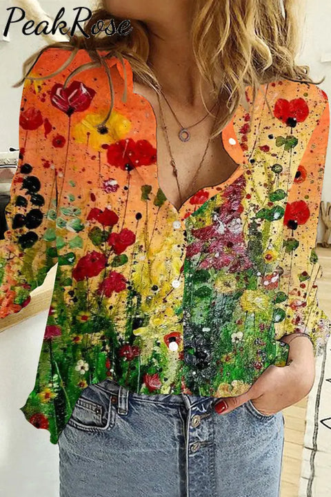 Casual Flower Bouquet Abstract Paintings Long Sleeve Shirt S / Multicolor Women