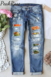 Casual Flower Bouquet Abstract Paintings Ripped Denim Jeans S