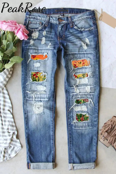 Casual Flower Bouquet Abstract Paintings Ripped Denim Jeans S