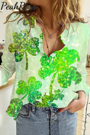 Casual Glitter Lucky Green Shamrocks Paid Printed Long Sleeve Shirt S / Women