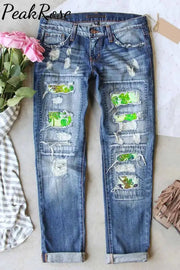 Casual Glitter Lucky Green Shamrocks Paid Printed Ripped Denim Jeans