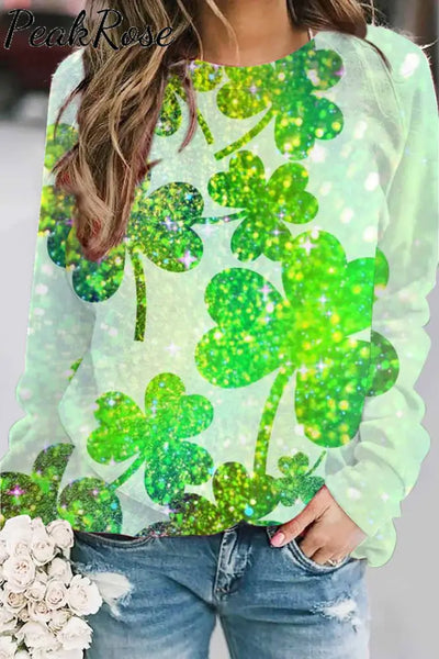 Casual Glitter Lucky Green Shamrocks Paid Printed Sweatshirt S /