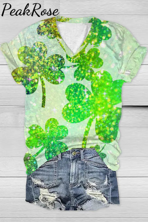 Casual Glitter Lucky Green Shamrocks Paid Printed V-Neck T-Shirt