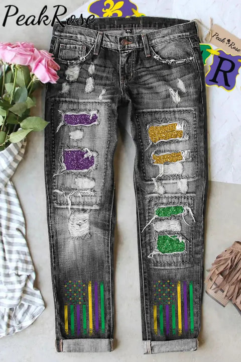 Casual Glitter Mardi Gras American Flag Print Denim Jeans