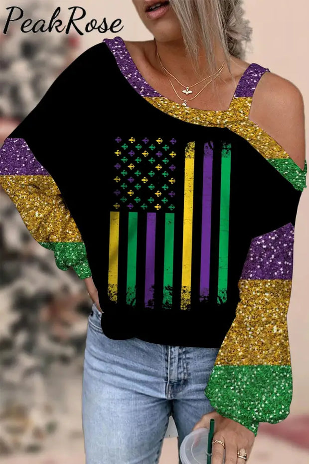 Casual Glitter Mardi Gras American Flag Print Off-Shoulder Blouse Photo Color / S