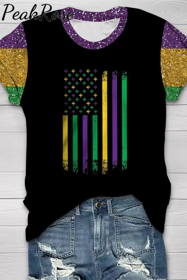 Casual Glitter Mardi Gras American Flag Print Round Neck Short Sleeve T-Shirt