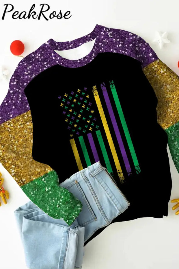 Casual Glitter Mardi Gras American Flag Print Sweatshirt