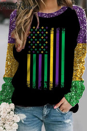 Casual Glitter Mardi Gras American Flag Print Sweatshirt Photo Color / S