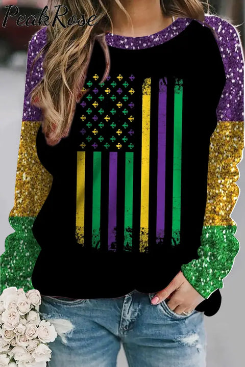 Casual Glitter Mardi Gras American Flag Print Sweatshirt Photo Color / S