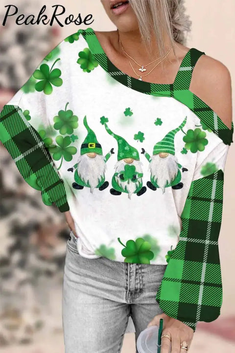 Casual Green Gnomes Lucky Shamrocks Paid Printed Off-Shoulder Blouse