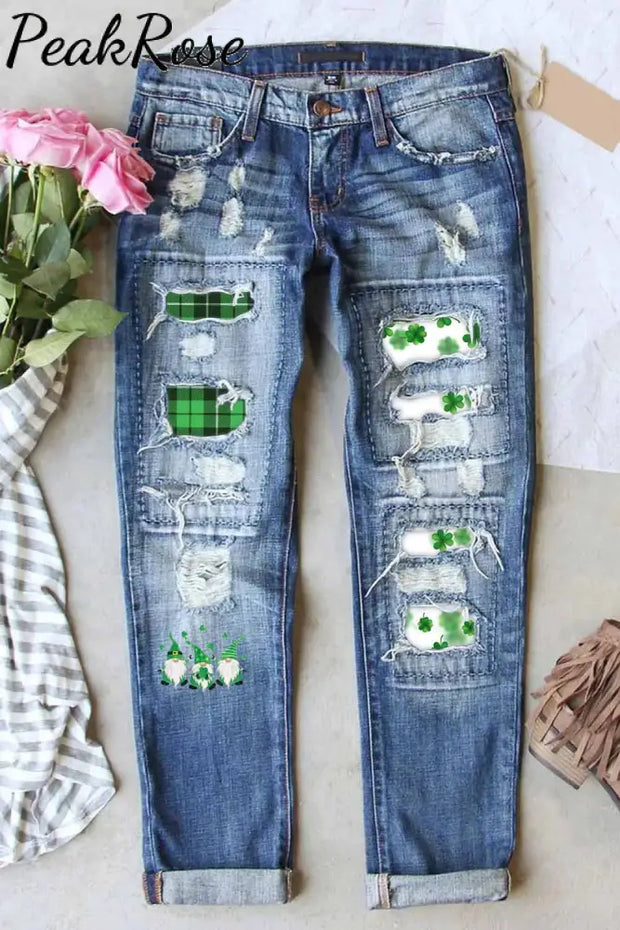 Casual Green Gnomes Lucky Shamrocks Paid Printed Ripped Denim Jeans S