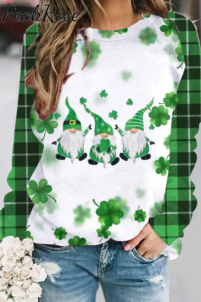 Casual Green Gnomes Lucky Shamrocks Paid Printed Sweatshirt S /