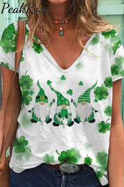 Casual Green Gnomes Lucky Shamrocks Paid Printed V-Neck T-Shirt