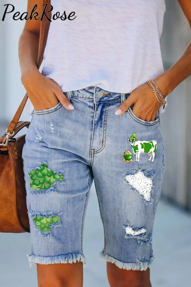 Casual Green Shamrocks Sheep Polka Dots Patchwork Bermuda Denim Shorts