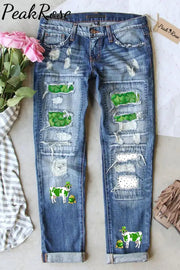 Casual Green Shamrocks Sheep Polka Dots Patchwork Jeans