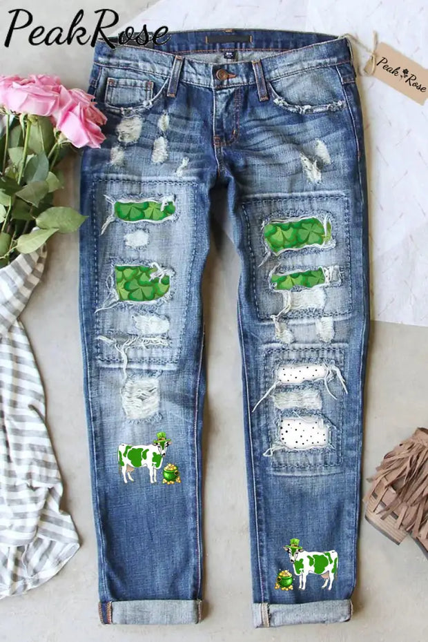 Casual Green Shamrocks Sheep Polka Dots Patchwork Jeans