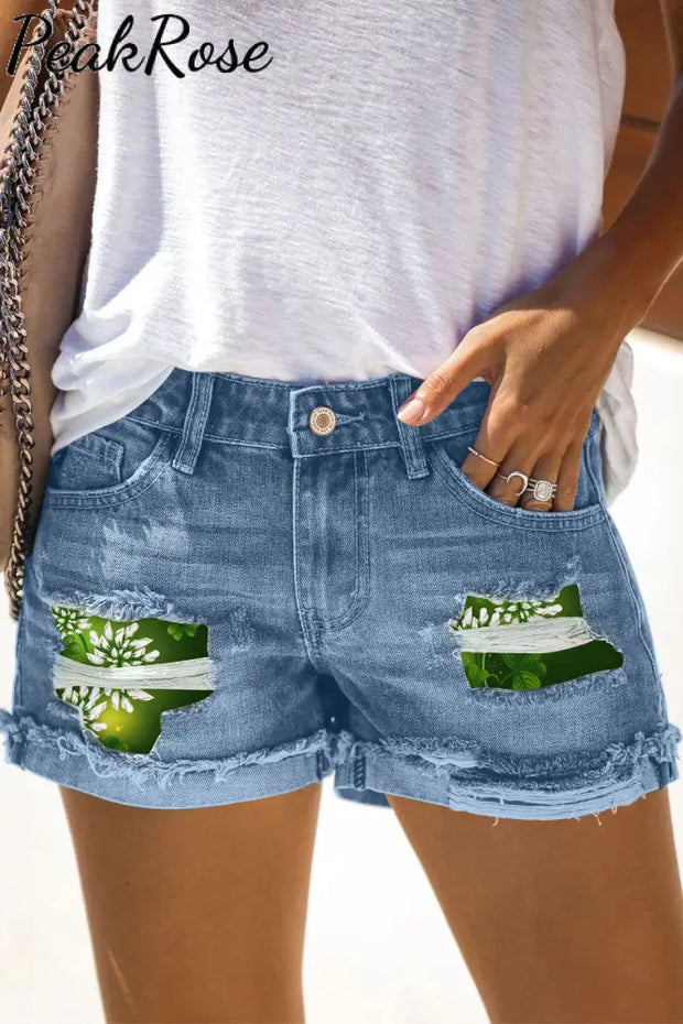 Casual Green Shamrocks With Flowers Denim Shorts S / Blue