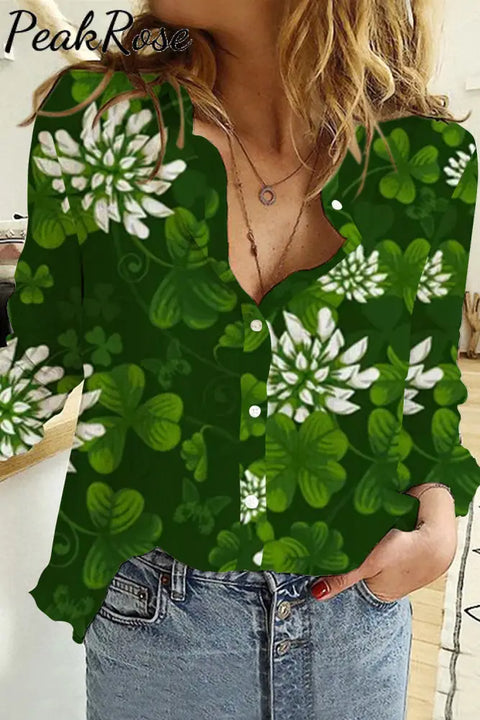 Casual Green Shamrocks With Flowers Long Sleeve Shirt S / Women