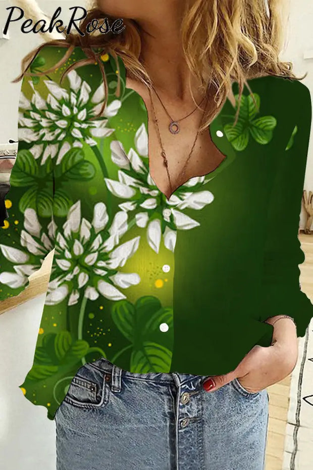 Casual Green Shamrocks With Flowers Long Sleeve Shirt S / Women