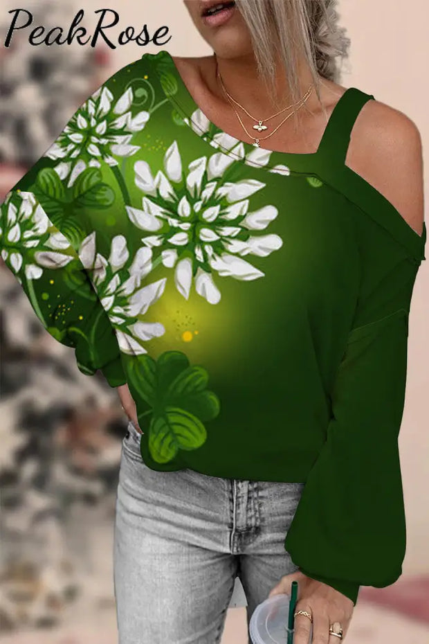 Casual Green Shamrocks With Flowers Off-Shoulder Blouse