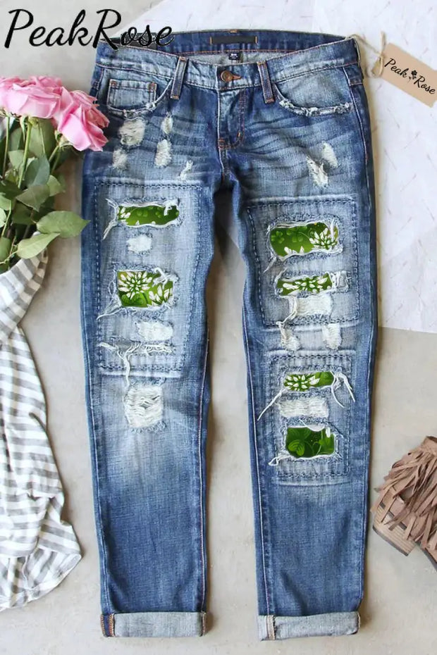 Casual Green Shamrocks With Flowers Ripped Denim Jeans