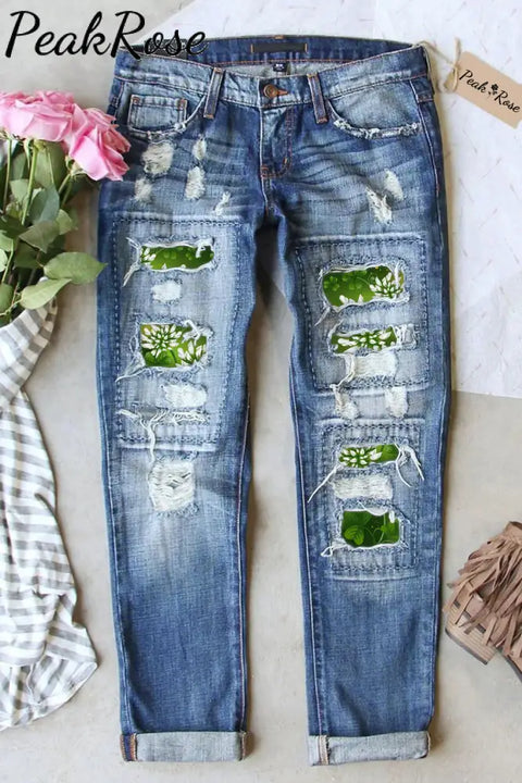 Casual Green Shamrocks With Flowers Ripped Denim Jeans S