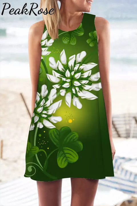 Casual Green Shamrocks With Flowers Tank Dress