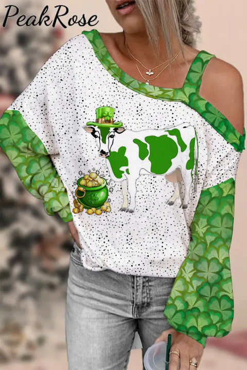 Casual Green Sheep Shamrocks One Shoulder Blouse