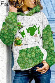 Casual Green Sheep Shamrocks Printed Long Sleeve Hoodie