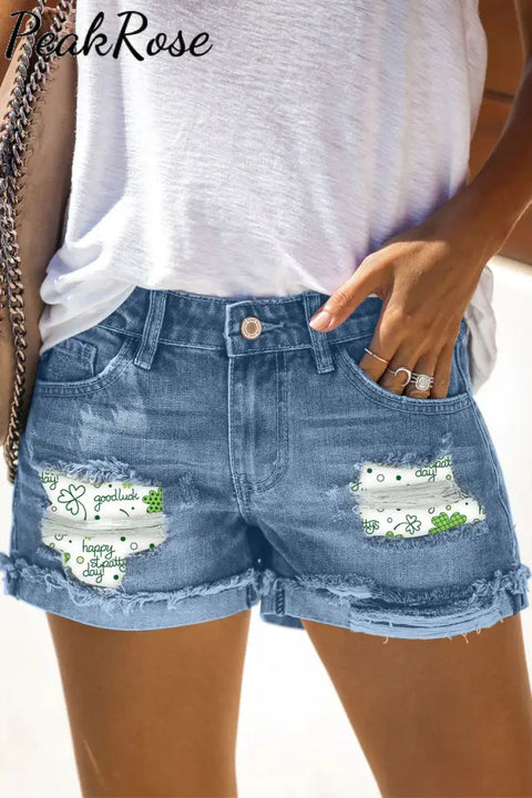 Casual Happy St. Pattys Day Good Luck Green Shamrocks Printed Denim Shorts