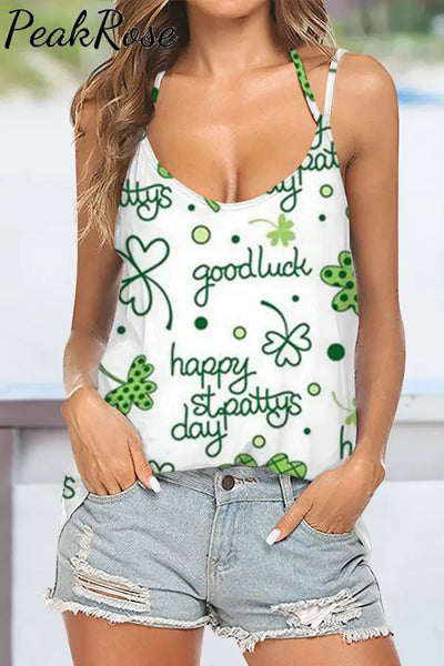 Casual Happy St. Pattys Day Good Luck Green Shamrocks Printed Halter Top S / Tops