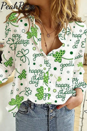 Casual Happy St. Pattys Day Good Luck Green Shamrocks Printed Long Sleeve Shirt S / Women