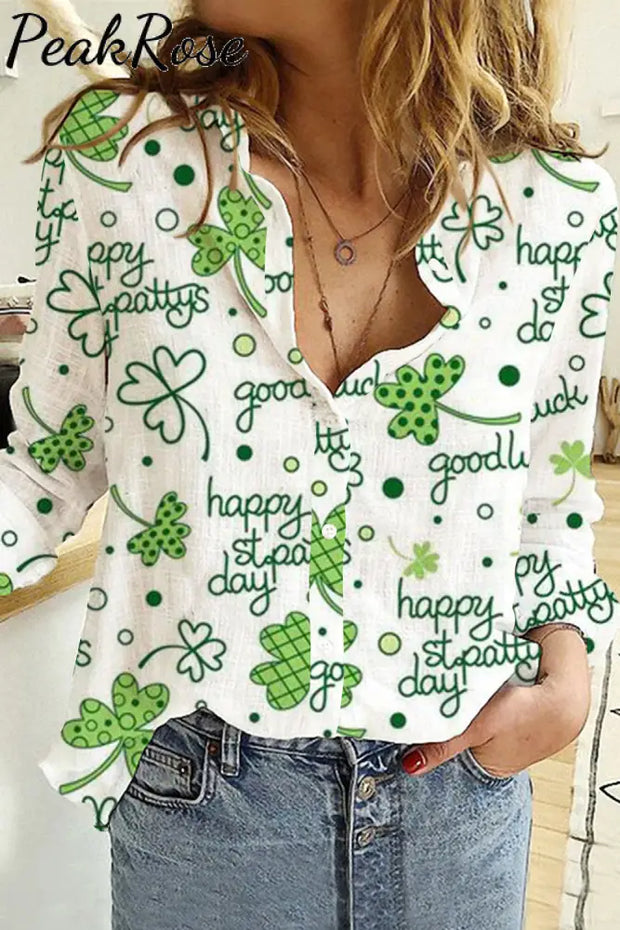 Casual Happy St. Pattys Day Good Luck Green Shamrocks Printed Long Sleeve Shirt Women