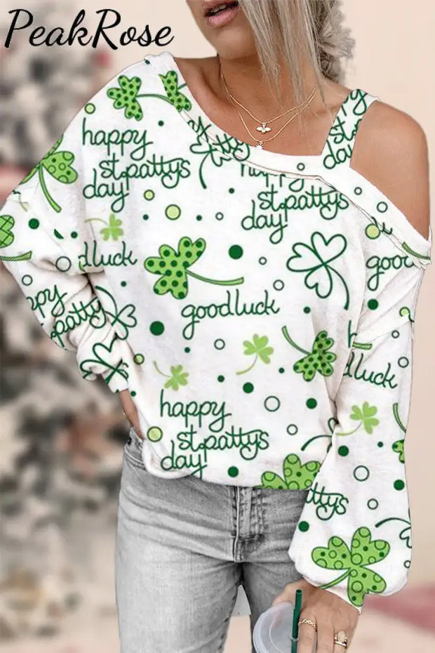 Casual Happy St. Pattys Day Good Luck Green Shamrocks Printed Off-Shoulder Blouse