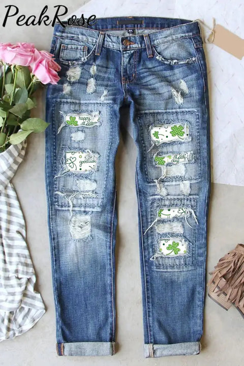 Casual Happy St. Pattys Day Good Luck Green Shamrocks Printed Ripped Denim Jeans