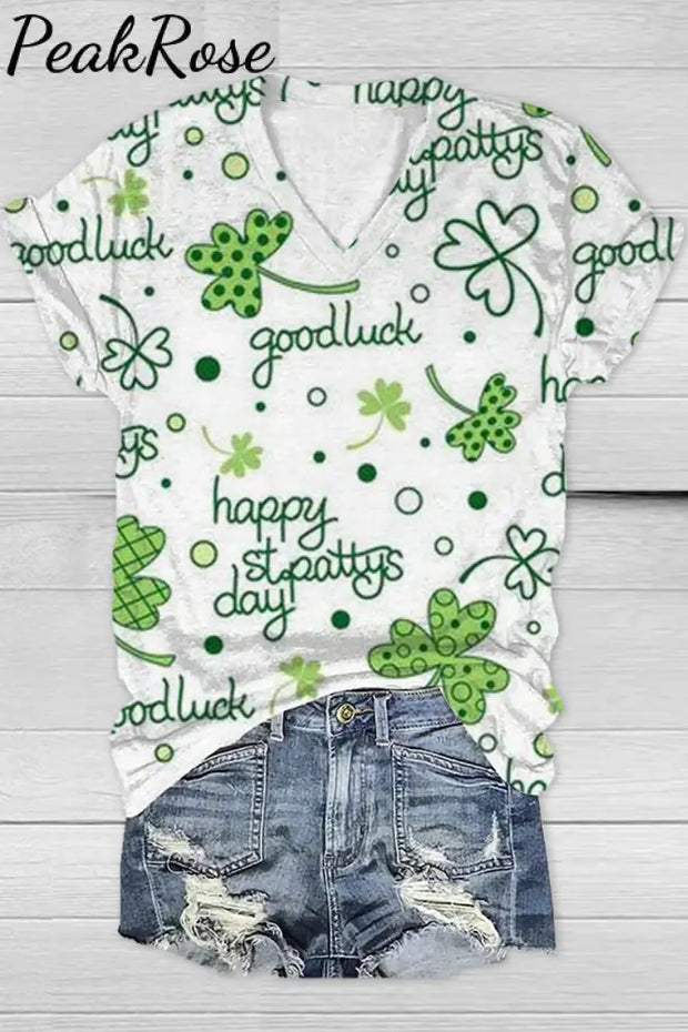 Casual Happy St. Pattys Day Good Luck Green Shamrocks Printed V-Neck T-Shirt