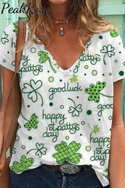 Casual Happy St. Pattys Day Good Luck Green Shamrocks Printed V-Neck T-Shirt S /