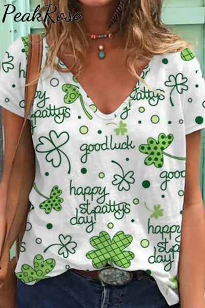 Casual Happy St. Pattys Day Good Luck Green Shamrocks Printed V-Neck T-Shirt S /