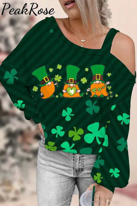 Casual Ireland Leprechauns Lucky Shamrocks Paid Printed Off-Shoulder Blouse