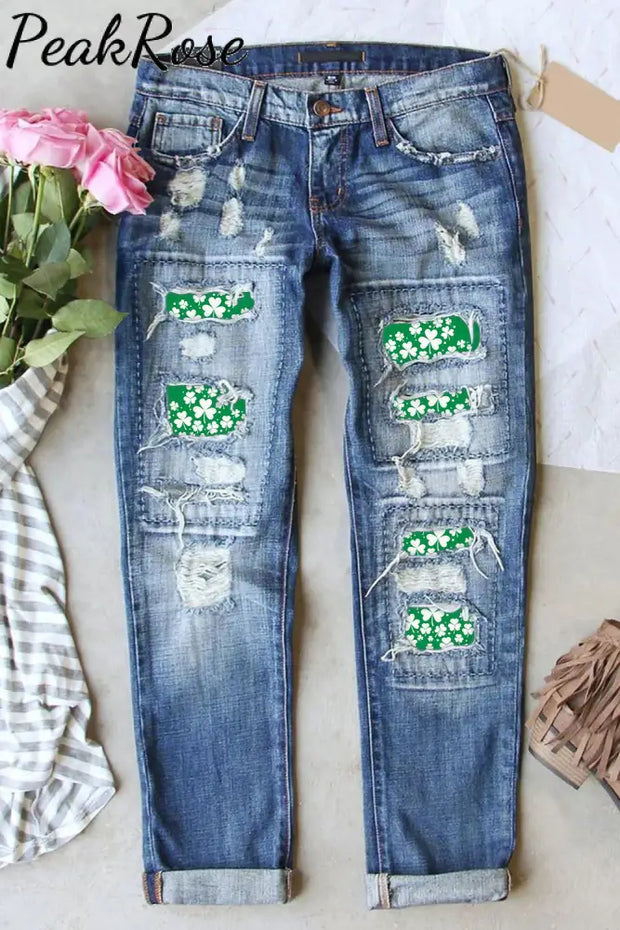 Casual Irish Shamrocks Printed Ripped Denim Jeans S