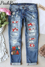 Casual Leopard Baseball Mama Polka Dots Print Denim Jeans