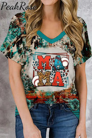 Casual Leopard Baseball Mama Print Bleached T-Shirt Photo Color / S T-Shirt