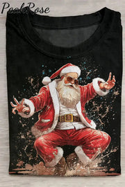 Casual Loose Round Neck Dancing Santa Claus Printed T-Shirt Black / S Christmas