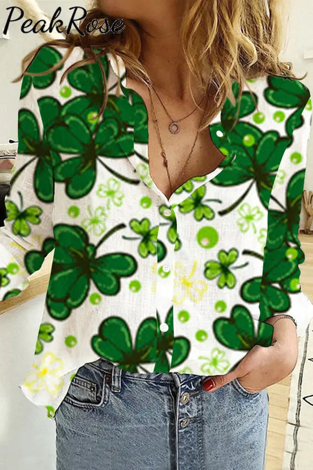 Casual Lucky Green Irish Shamrocks Long Sleeve Shirt Women