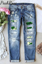 Casual Lucky Green Irish Shamrocks Ripped Denim Jeans S