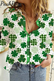 Casual Lucky Green Shamrocks Paid Printed Long Sleeve Shirt S / Women