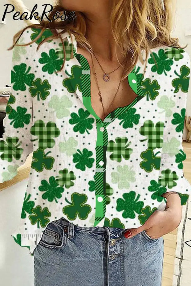 Casual Lucky Green Shamrocks Paid Printed Long Sleeve Shirt Women