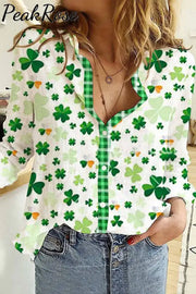 Casual Lucky Green Shamrocks Paid Printed Long Sleeve Shirt Women